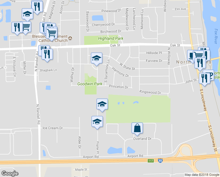 map of restaurants, bars, coffee shops, grocery stores, and more near 504 Princeton Drive in North Aurora