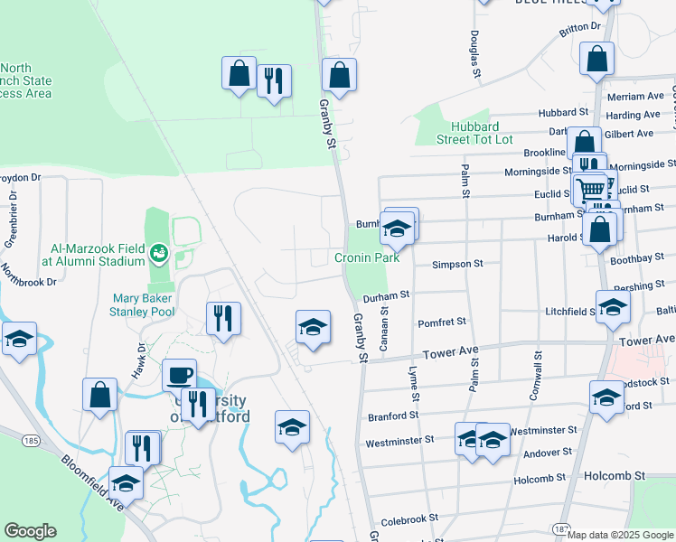 map of restaurants, bars, coffee shops, grocery stores, and more near 421 Granby Street in Hartford