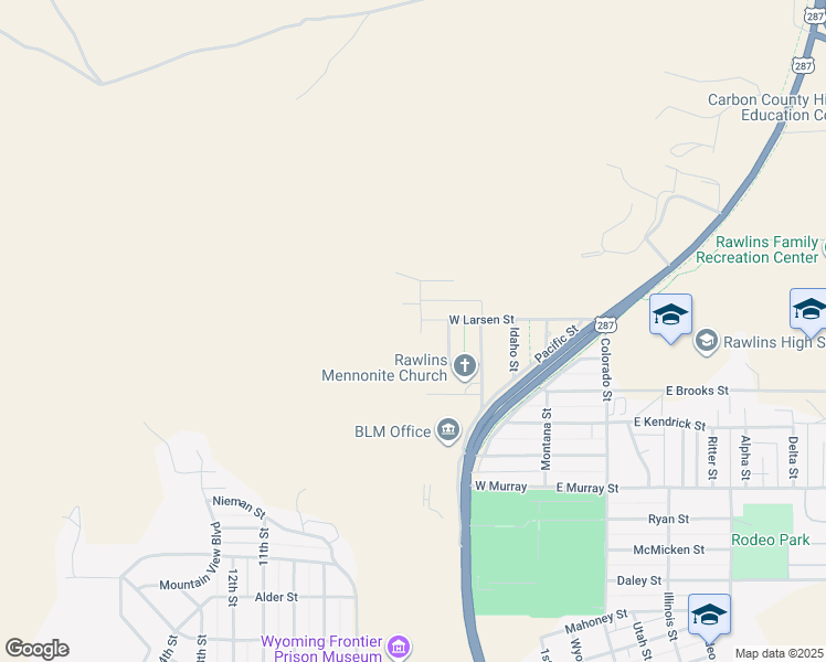 map of restaurants, bars, coffee shops, grocery stores, and more near Oregon Street in Rawlins