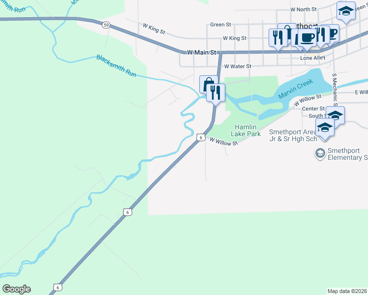 map of restaurants, bars, coffee shops, grocery stores, and more near 500-532 Marvin Street in Smethport