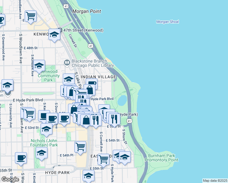 map of restaurants, bars, coffee shops, grocery stores, and more near 5100 South Lake Shore Drive in Chicago