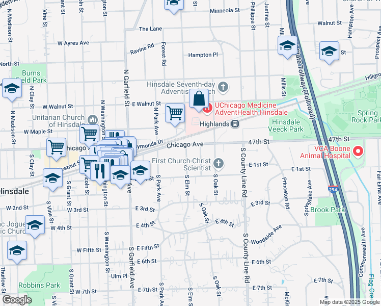 map of restaurants, bars, coffee shops, grocery stores, and more near 8 South Elm Street in Hinsdale