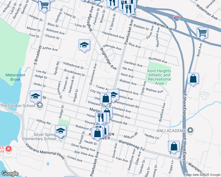 map of restaurants, bars, coffee shops, grocery stores, and more near 64 Tower Avenue in East Providence