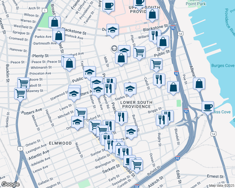 map of restaurants, bars, coffee shops, grocery stores, and more near 25 Harriet Street in Providence