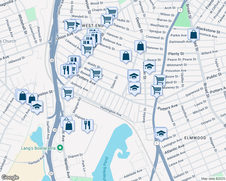 map of restaurants, bars, coffee shops, grocery stores, and more near 709 Potters Avenue in Providence
