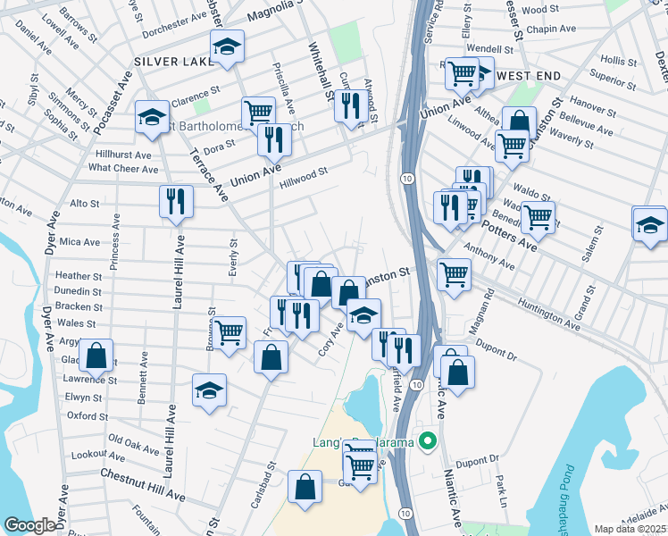 map of restaurants, bars, coffee shops, grocery stores, and more near 48 Franklin Avenue in Cranston