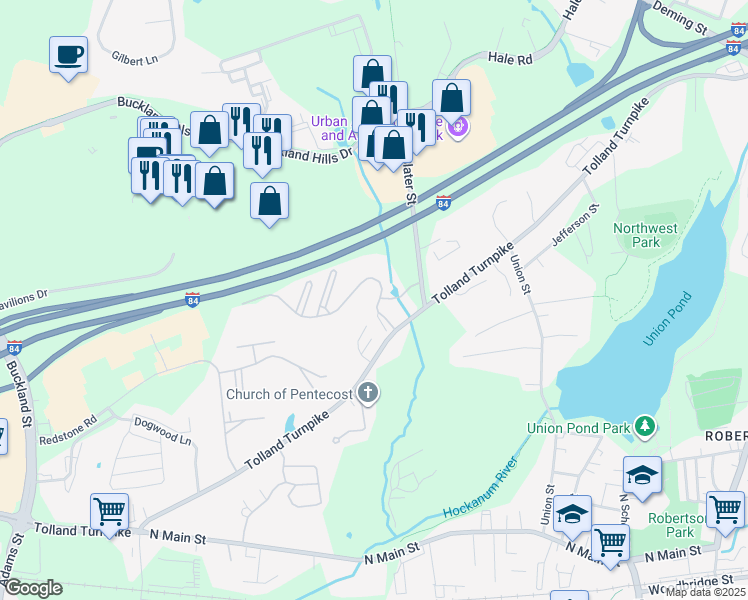 map of restaurants, bars, coffee shops, grocery stores, and more near 52 John Olds Drive in Manchester