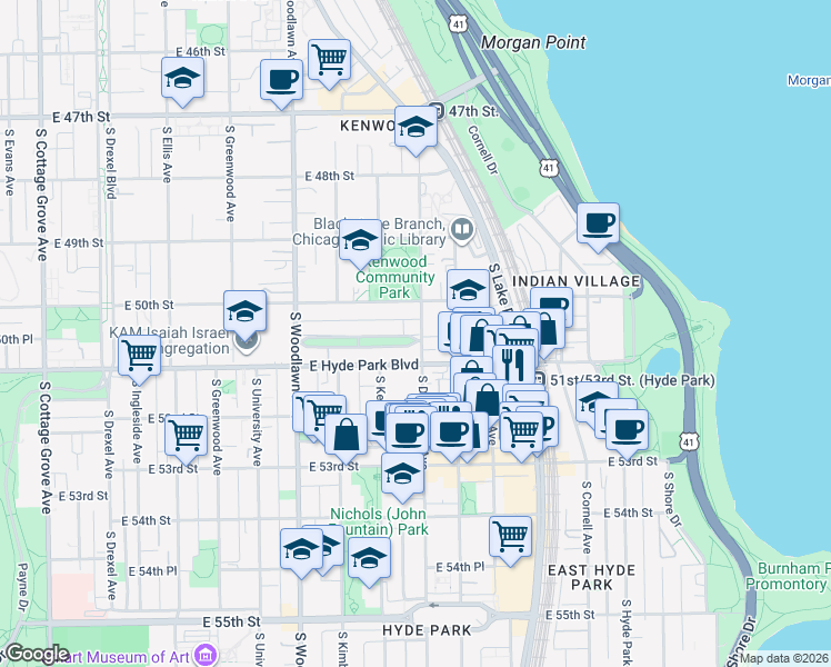 map of restaurants, bars, coffee shops, grocery stores, and more near 1370 East Madison Park in Chicago