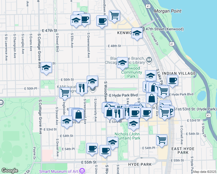 map of restaurants, bars, coffee shops, grocery stores, and more near 5018 South Woodlawn Avenue in Chicago