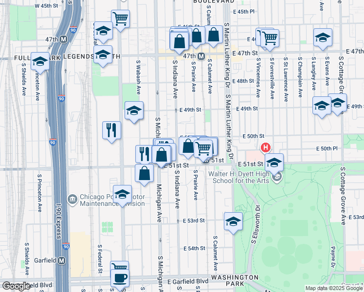map of restaurants, bars, coffee shops, grocery stores, and more near 5005 South Indiana Avenue in Chicago