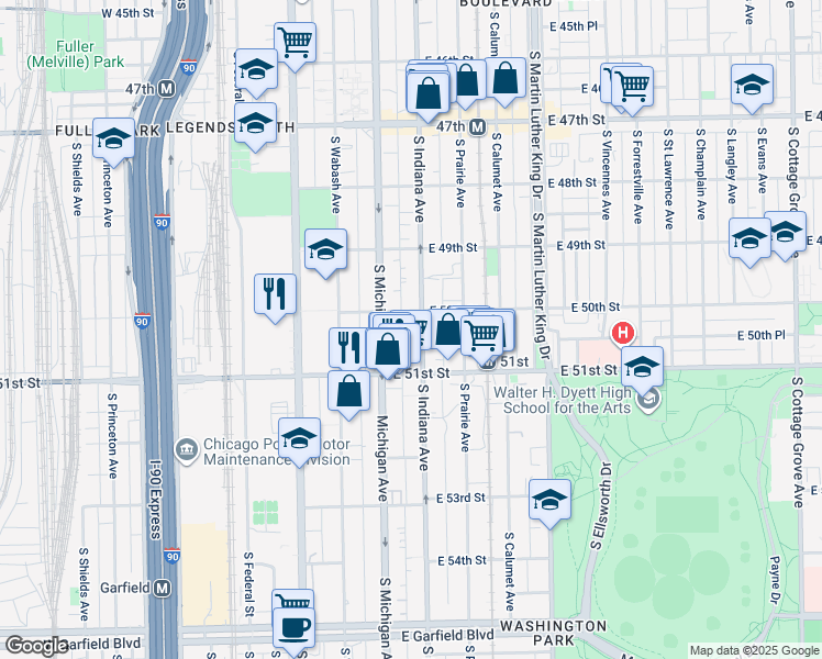 map of restaurants, bars, coffee shops, grocery stores, and more near 5005 South Indiana Avenue in Chicago