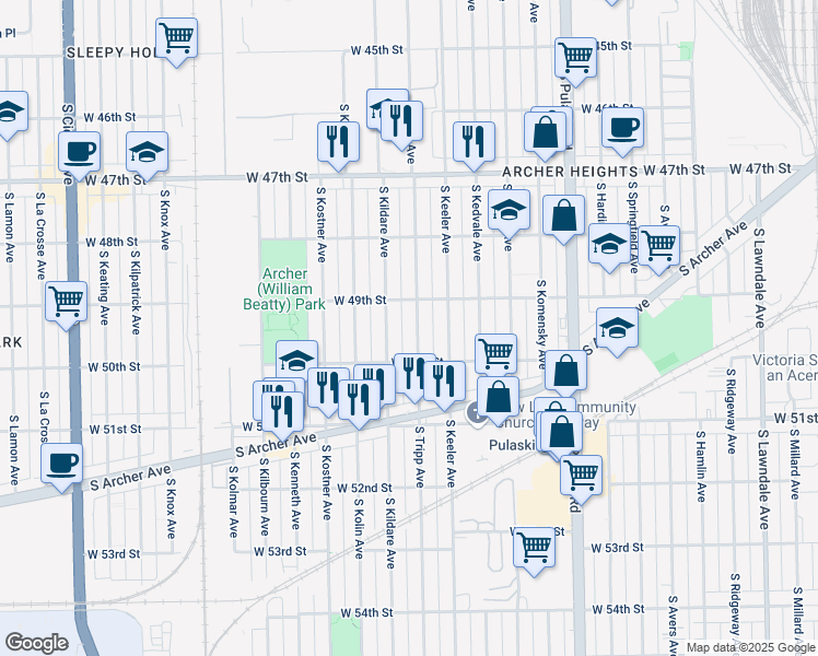 map of restaurants, bars, coffee shops, grocery stores, and more near 4919 South Kildare Avenue in Chicago