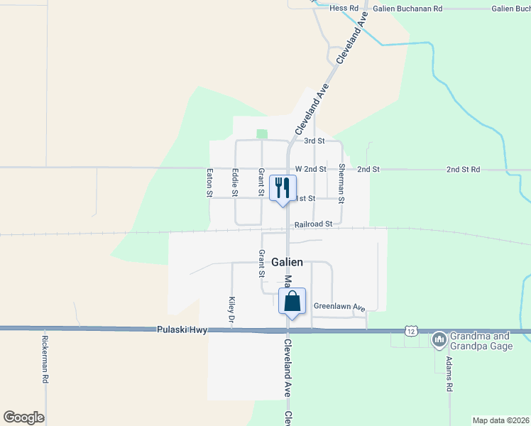 map of restaurants, bars, coffee shops, grocery stores, and more near 105 Grant Street in Galien