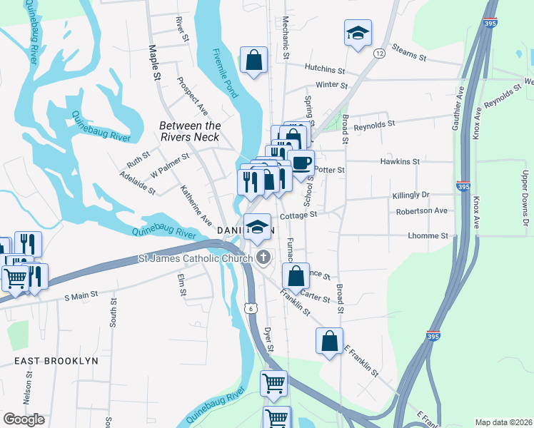 map of restaurants, bars, coffee shops, grocery stores, and more near 24 Cottage Street in Killingly