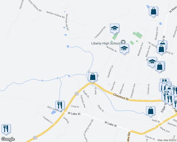 map of restaurants, bars, coffee shops, grocery stores, and more near 25 Lewis Street in Liberty