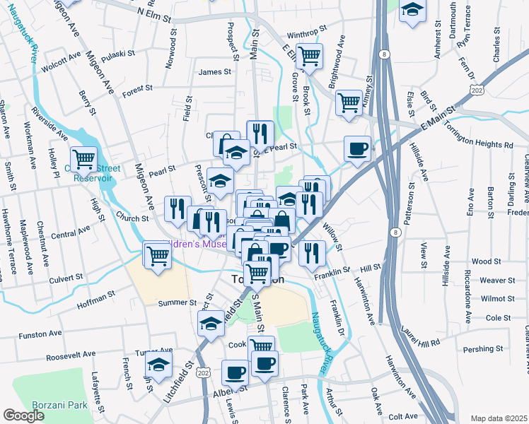 map of restaurants, bars, coffee shops, grocery stores, and more near 140 Main Street in Torrington