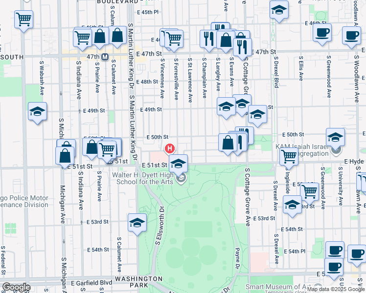 map of restaurants, bars, coffee shops, grocery stores, and more near 546 East 50th Place in Chicago