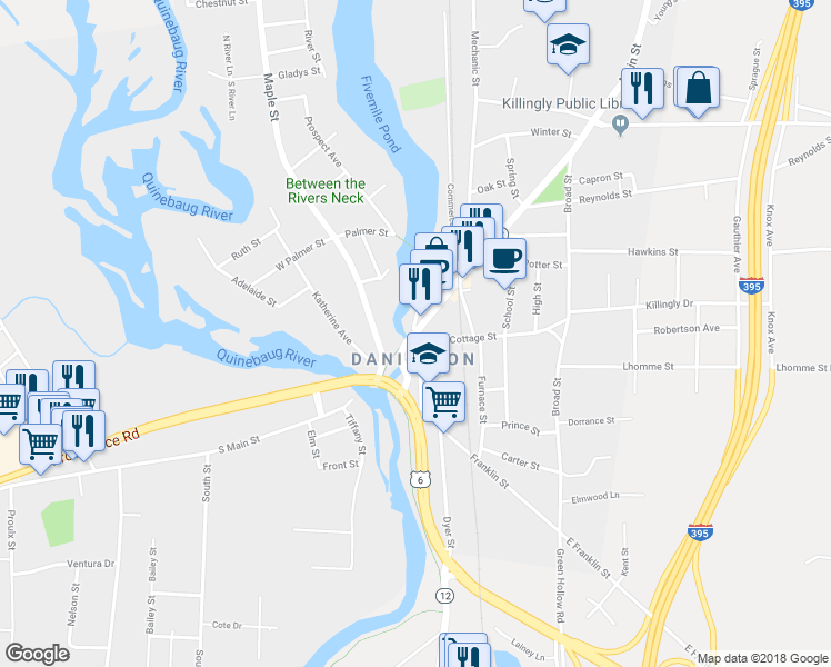 map of restaurants, bars, coffee shops, grocery stores, and more near Main St & Water St in Killingly