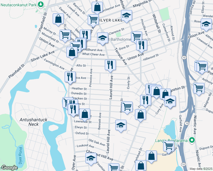 map of restaurants, bars, coffee shops, grocery stores, and more near 125 Maplewood Avenue in Cranston
