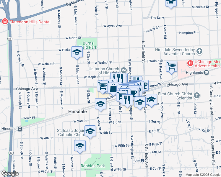map of restaurants, bars, coffee shops, grocery stores, and more near 98 Grant Square in Hinsdale