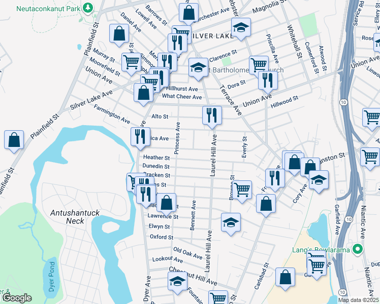 map of restaurants, bars, coffee shops, grocery stores, and more near 97 Maplewood Avenue in Cranston