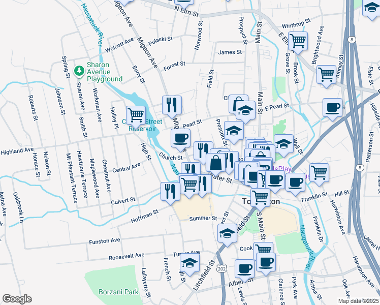 map of restaurants, bars, coffee shops, grocery stores, and more near 180 Church Street in Torrington