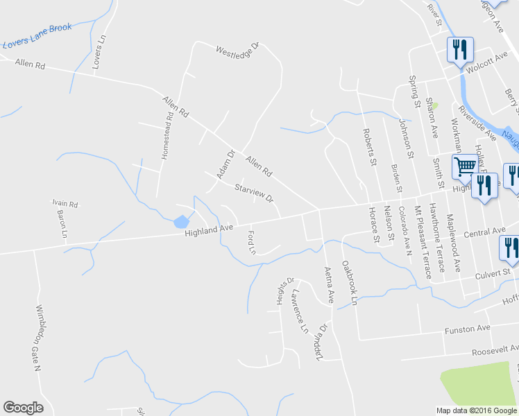 map of restaurants, bars, coffee shops, grocery stores, and more near 71 Starview Dr in Torrington