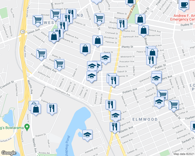 map of restaurants, bars, coffee shops, grocery stores, and more near 96 Mawney St in Providence