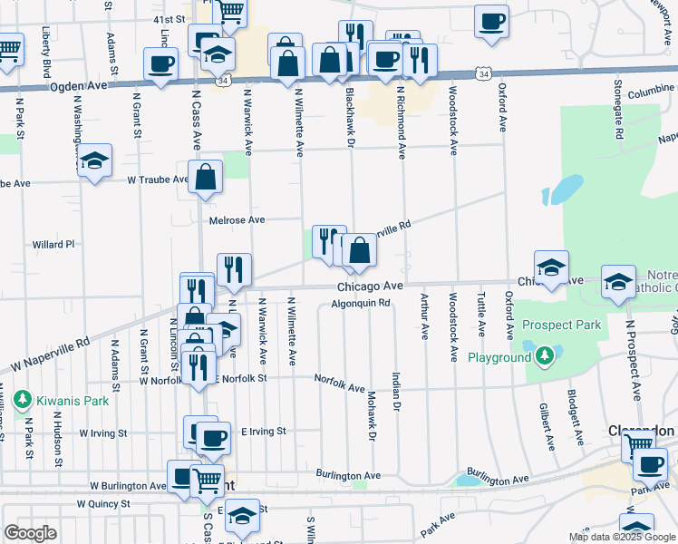map of restaurants, bars, coffee shops, grocery stores, and more near 216a East Chicago Avenue in Westmont
