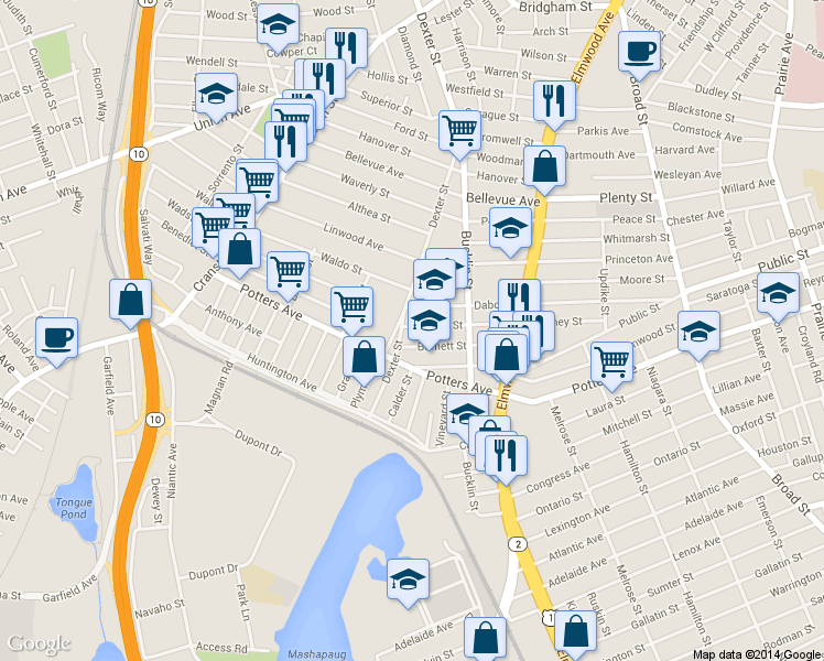 map of restaurants, bars, coffee shops, grocery stores, and more near 128 Mawney Street in Providence