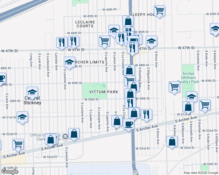 map of restaurants, bars, coffee shops, grocery stores, and more near 4908 South Laporte Avenue in Chicago