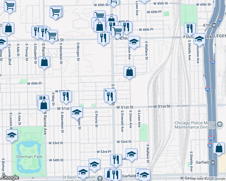 map of restaurants, bars, coffee shops, grocery stores, and more near South Halsted Street & West 50th Street in Chicago