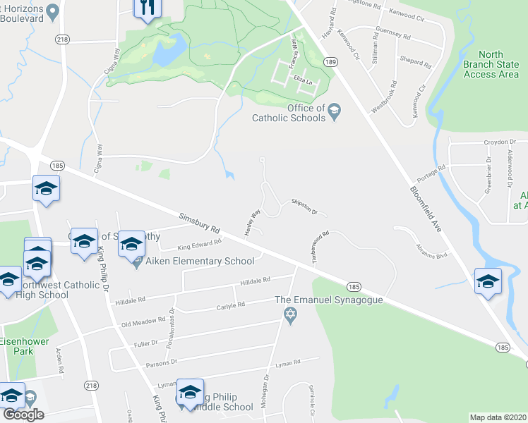 map of restaurants, bars, coffee shops, grocery stores, and more near Henley Way in West Hartford