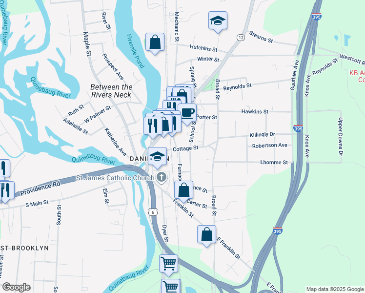 map of restaurants, bars, coffee shops, grocery stores, and more near 60 Cottage Street in Killingly