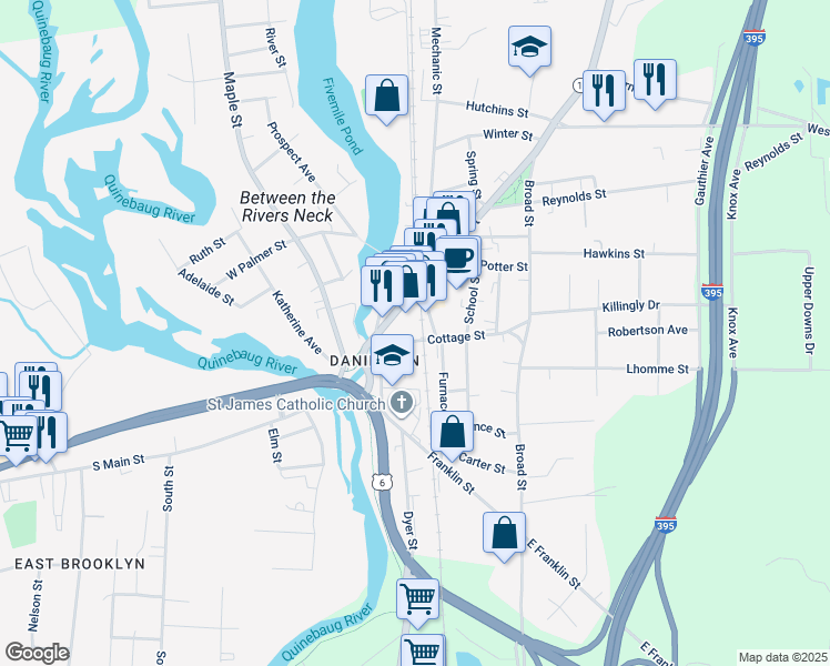 map of restaurants, bars, coffee shops, grocery stores, and more near 24 Cottage Street in Killingly