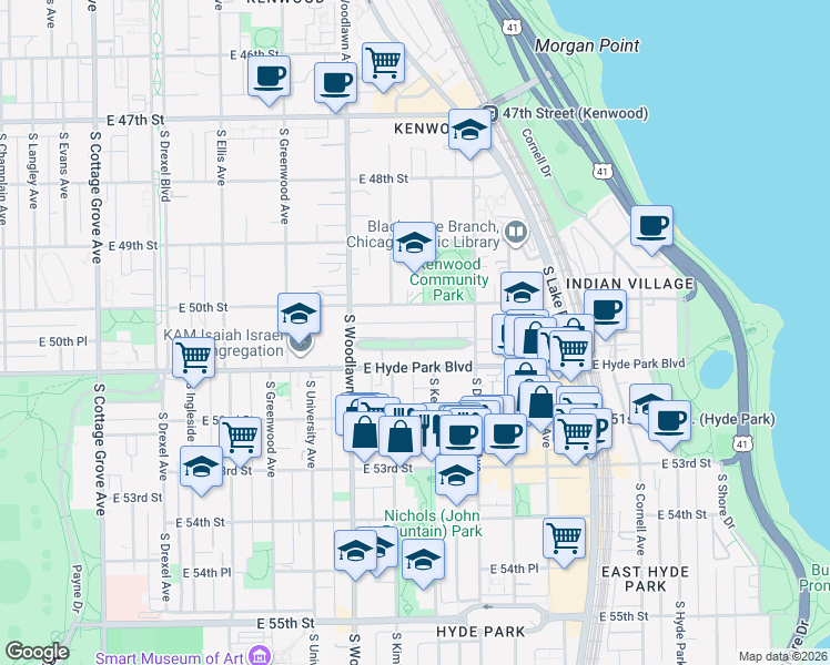 map of restaurants, bars, coffee shops, grocery stores, and more near 1328 East Madison Park in Chicago