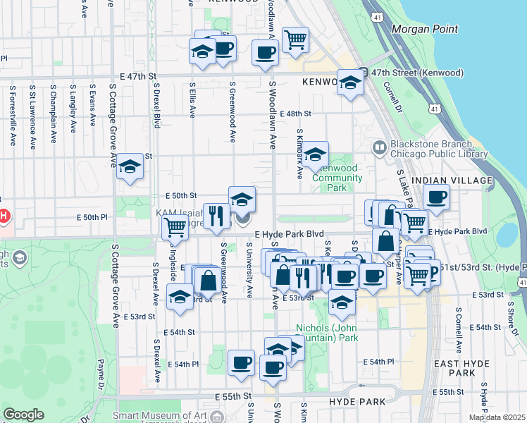 map of restaurants, bars, coffee shops, grocery stores, and more near 5018 South Woodlawn Avenue in Chicago