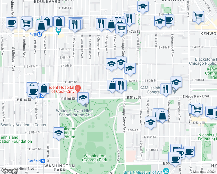 map of restaurants, bars, coffee shops, grocery stores, and more near 660 East 50th Place in Chicago