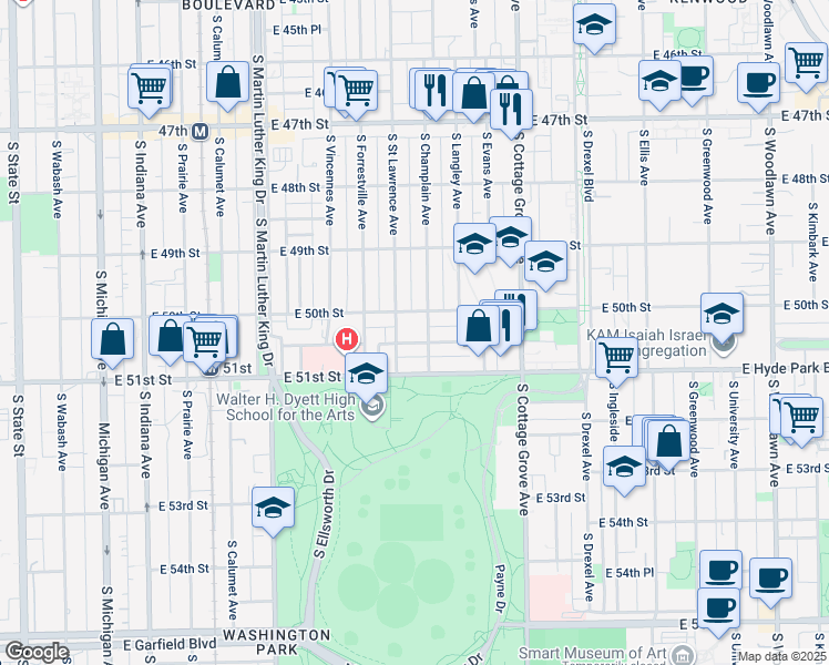 map of restaurants, bars, coffee shops, grocery stores, and more near 5015 South Champlain Avenue in Chicago