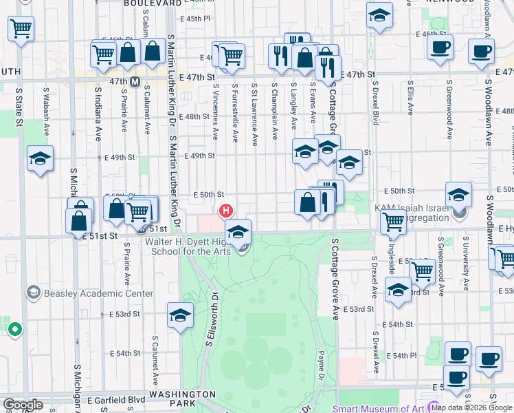 map of restaurants, bars, coffee shops, grocery stores, and more near 546 East 50th Place in Chicago