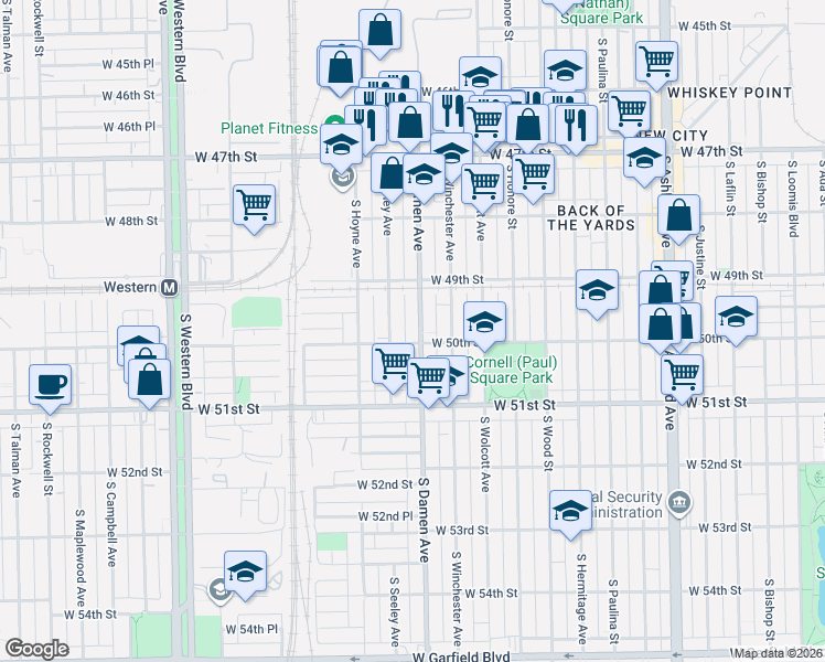 map of restaurants, bars, coffee shops, grocery stores, and more near 4946 South Damen Avenue in Chicago