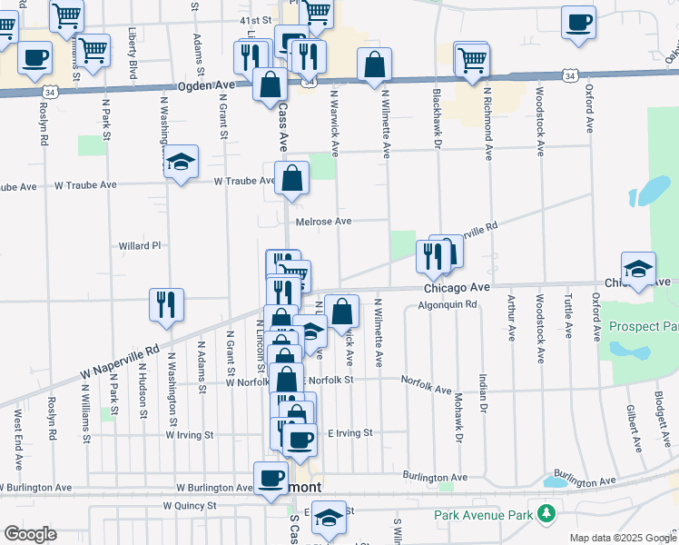map of restaurants, bars, coffee shops, grocery stores, and more near 98 East Naperville Road in Westmont