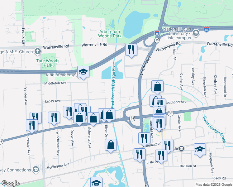 map of restaurants, bars, coffee shops, grocery stores, and more near 4517 River Drive in Lisle