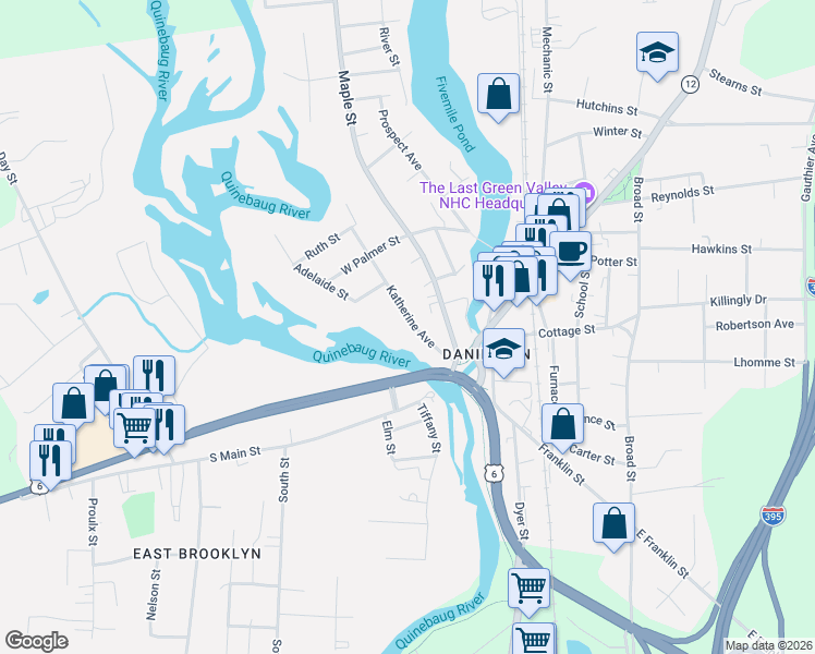 map of restaurants, bars, coffee shops, grocery stores, and more near 47 Katherine Avenue in Killingly