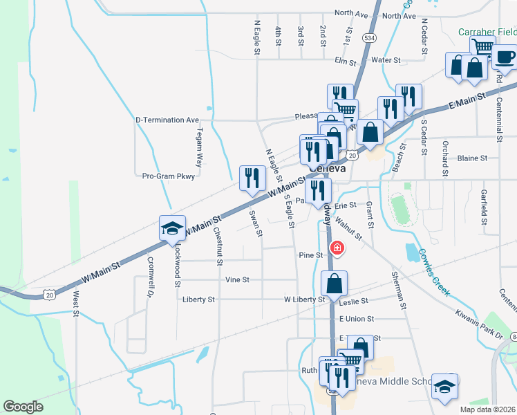 map of restaurants, bars, coffee shops, grocery stores, and more near 270 West Main Street in Geneva