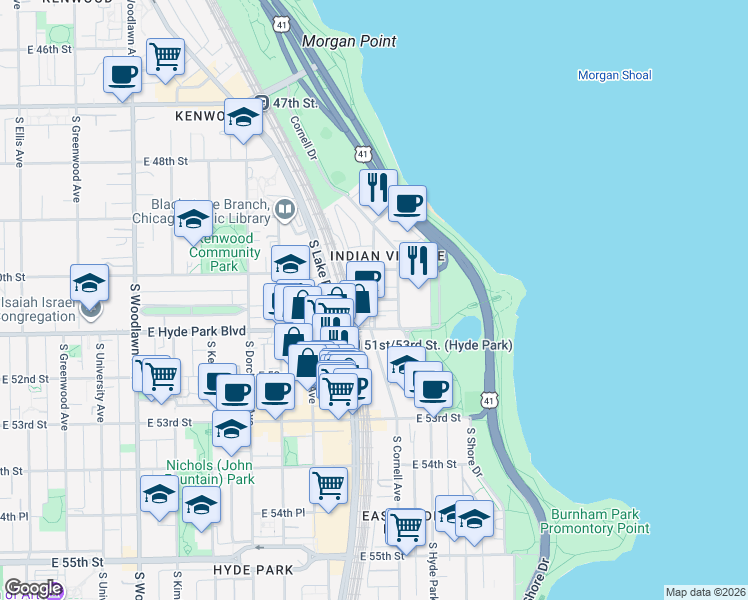 map of restaurants, bars, coffee shops, grocery stores, and more near S Cornell Ave & E 50th Pl in Chicago