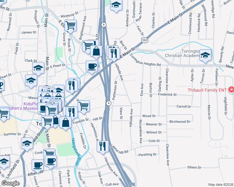 map of restaurants, bars, coffee shops, grocery stores, and more near 63 Pleasant Street in Torrington