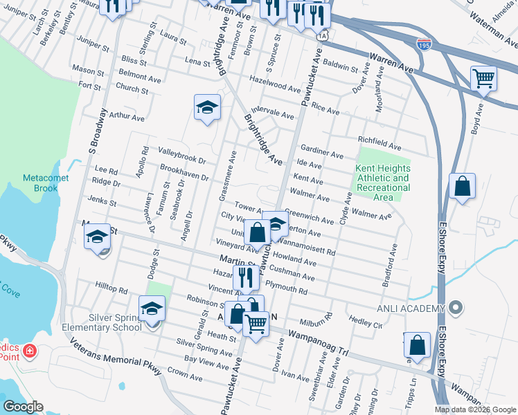 map of restaurants, bars, coffee shops, grocery stores, and more near 64 Tower Avenue in East Providence