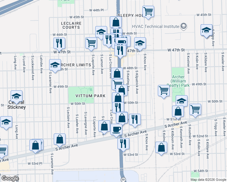 map of restaurants, bars, coffee shops, grocery stores, and more near 4913 South La Crosse Avenue in Chicago