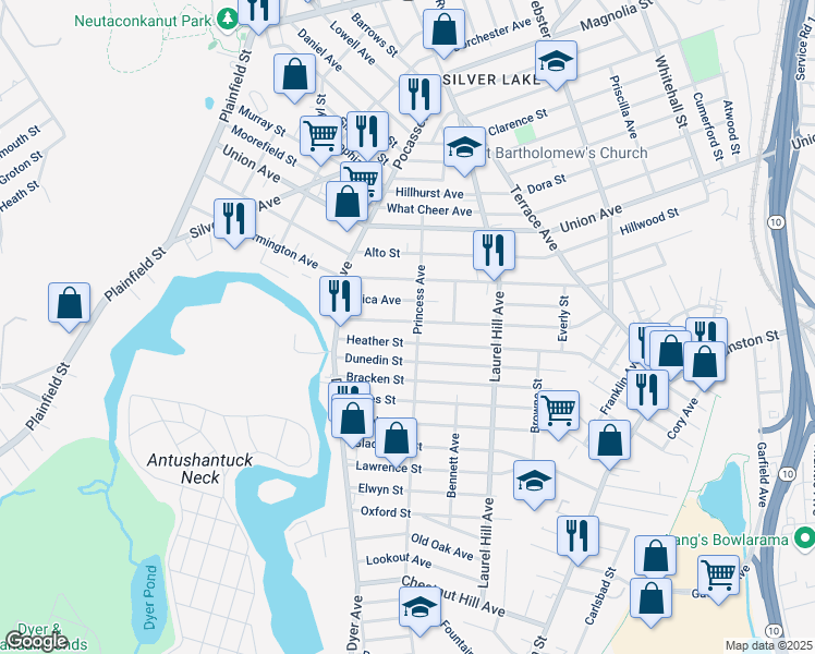 map of restaurants, bars, coffee shops, grocery stores, and more near 57 Maplewood Avenue in Cranston